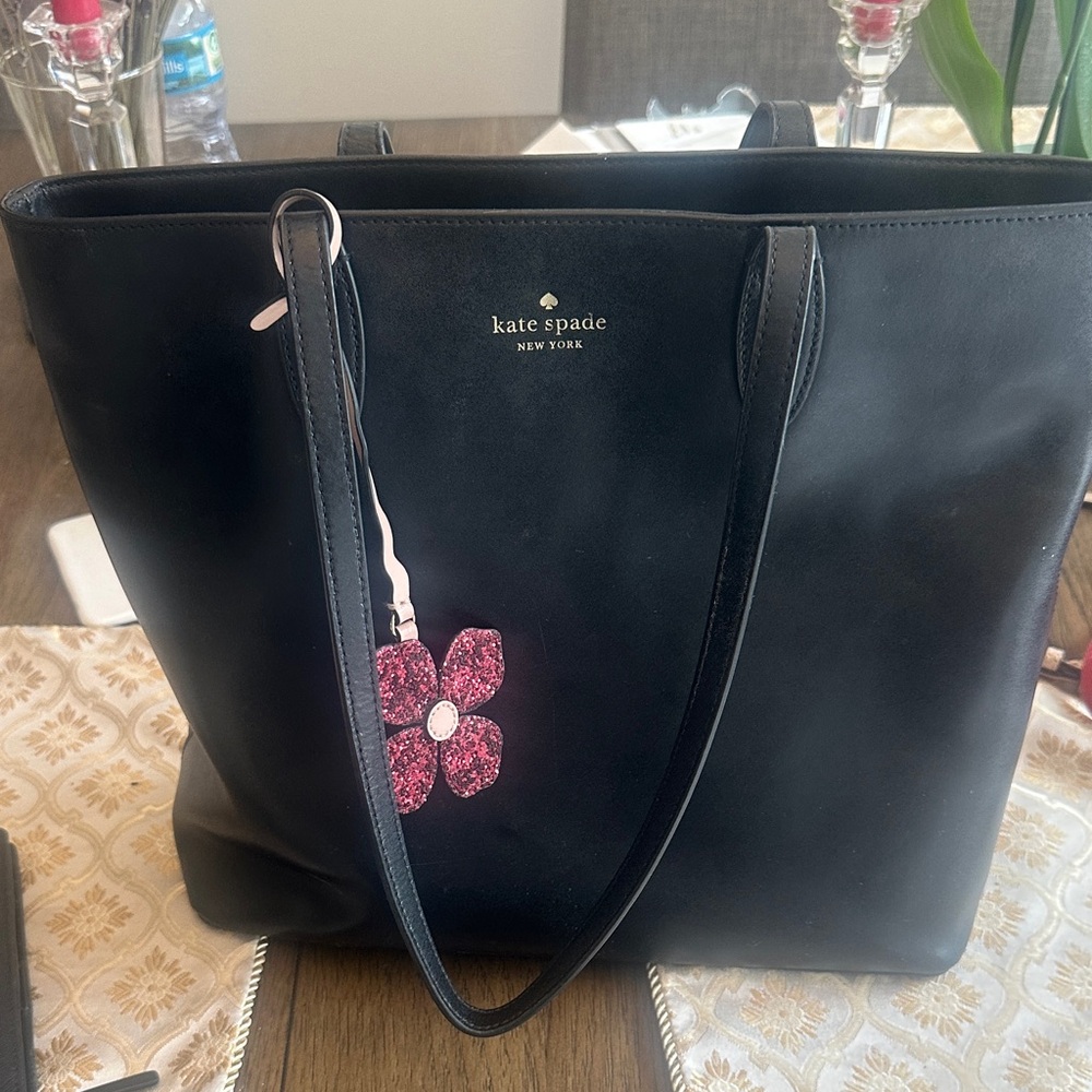 Kate Spade Black Smooth Leather Tote with Glitter Pink Flower Charm
